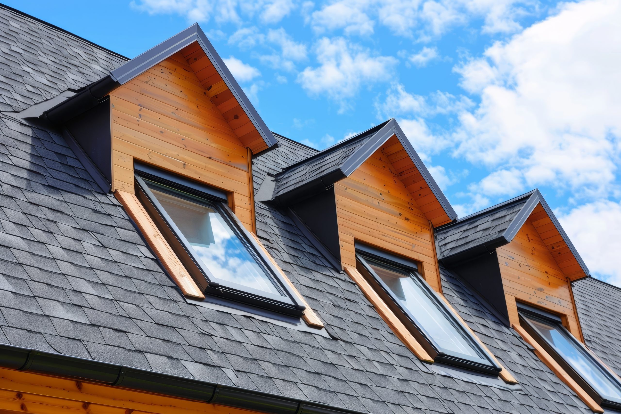 A close-up of a house roof with three dormer windows. The roof is covered with dark shingles, and the dormers are made of wood with large windows reflecting a partly cloudy blue sky. The image highlights the architecture and materials used in the construction.