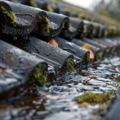 Close-up of a rain-soaked roof with black tiles covered in green moss and fallen leaves. Water is cascading down the tiles into a gutter, overflowing due to the heavy rain. The background is blurry but shows some greenery.