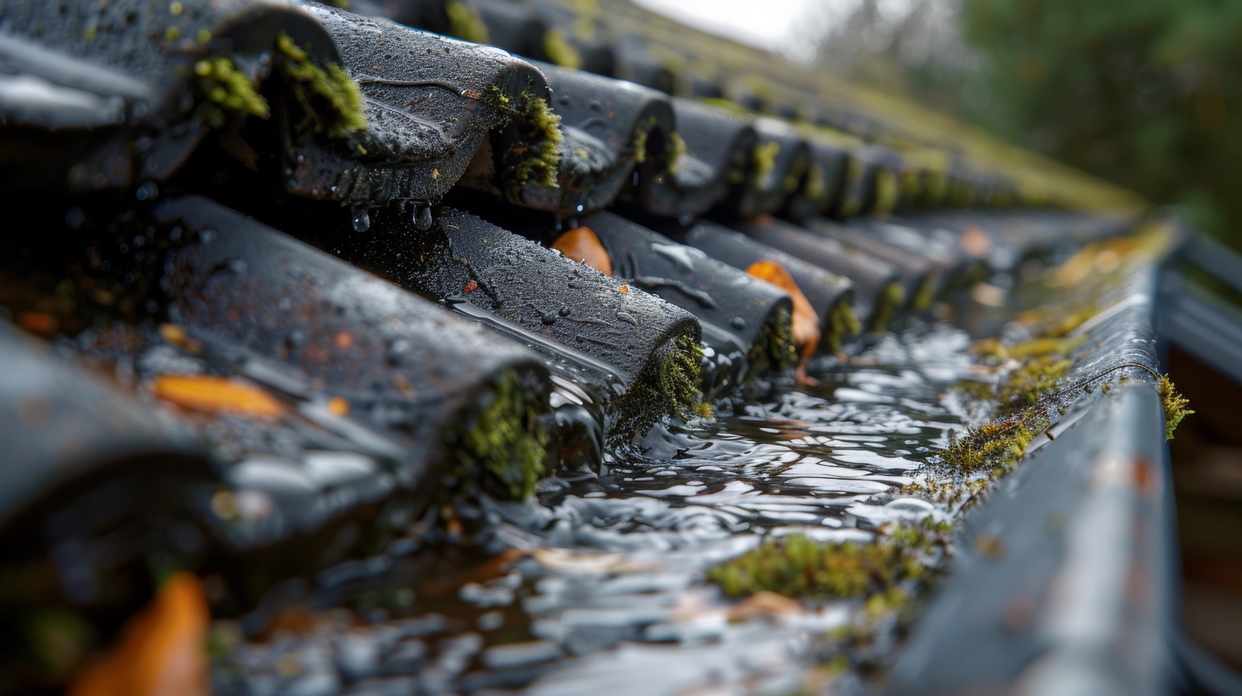 Close-up of a rain-soaked roof with black tiles covered in green moss and fallen leaves. Water is cascading down the tiles into a gutter, overflowing due to the heavy rain. The background is blurry but shows some greenery.