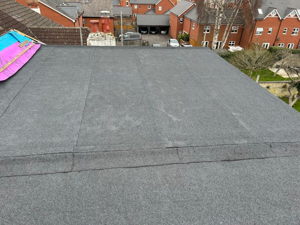 Flat roof covered with dark grey asphalt material. Several rooftops, chimneys, and a residential neighborhood with trees and houses are visible in the background under an overcast sky.