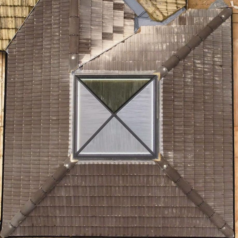 Aerial view of a house roof with brown shingles and a rectangular skylight at the center. The house is surrounded by scaffolding, indicating ongoing construction or renovation. On one side, there's a paved area, and on the other, dense green foliage.